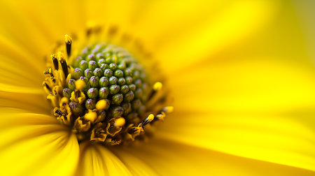 Up close detail of a bright yellow flower. The petals shine with sunlight and are extremely vibrant. The center of the flower is striking. Nature's beauty revealed flower botanical close up, vibrantの素材
