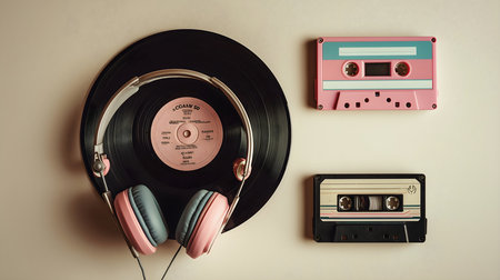 Vintage music player for listening old music. Vinyl record and cassette player. Retroの素材