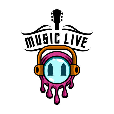 Logo Emoji Music Live With Black Guitar Silhouette And Ornament Design For Entertainment Media And Music Clubのイラスト素材