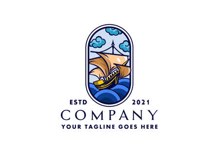 Logo design Ship Sailing  Blue Ocean With Background Oval Frame For Travel And Tourismのイラスト素材