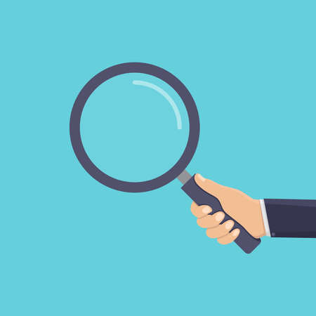 Business hand holding a magnifying glass, flat design vector illustrationのイラスト素材