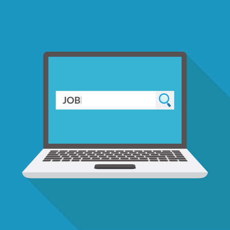Find a job, magnifying glass, laptop, job, flat design vector illustrationのイラスト素材