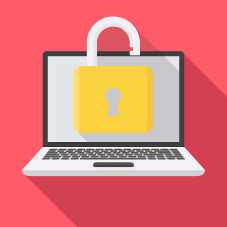 Padlock on laptop, laptop security, unlock laptop illustration flat design styleのイラスト素材