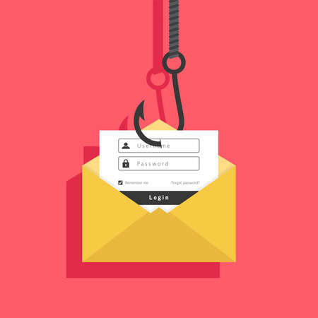 Internet crime, phishing sign in account, fishing hook, email, flat design illustrationのイラスト素材