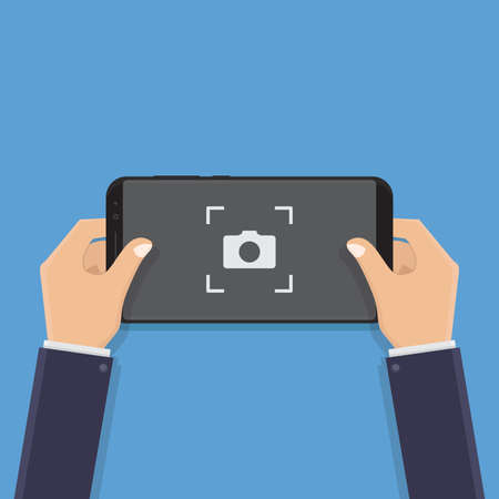 Hand holding smart phone, take pictures, flat design vector illustrationのイラスト素材