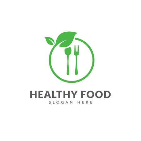 Healthy food logo template vector design with spoons, forks and green leaves, emblem logo or iconのイラスト素材