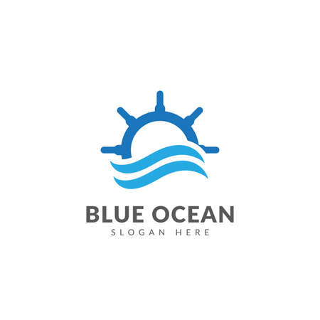 Blue ocean logo template vector design with steering wheel and waveのイラスト素材