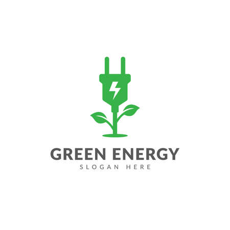 Green energy logo or icon vector design template with electric plug and green plantsのイラスト素材