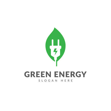 Green energy logo or icon vector design template with electric plugs and leavesのイラスト素材