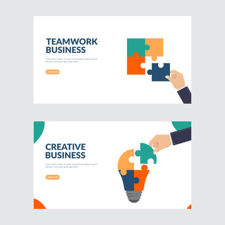 Creative and teamwork business illustration concept, business hands connect puzzle, bulb puzzle, flat design vector illustrationのイラスト素材