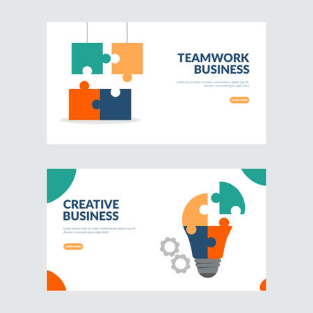 Creative and teamwork business illustration concept, business hands connect puzzle, bulb puzzle, flat design vector illustrationのイラスト素材