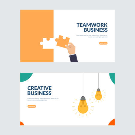 Creative and teamwork business illustration concept, business hands connect puzzle, bulb puzzle, flat design vector illustrationのイラスト素材