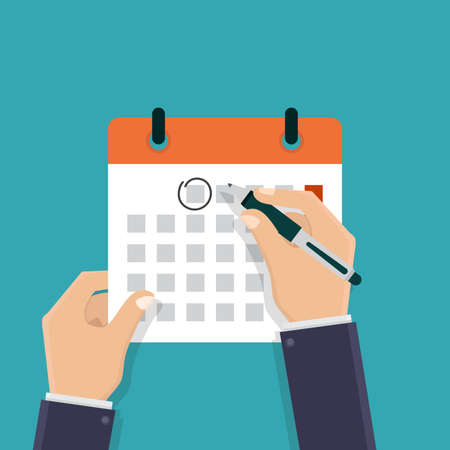 Hand holding a calendar and pen, business plans, strategic plans, teamwork, new ideas, fresh ideas, vector design illustration flat modern templateのイラスト素材