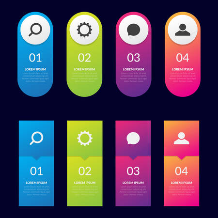 Vector infographic design template with 4 types or stages, vector icons, can be used for diagrams, information, banners, tips and activity reports, gradient color with 4 colorsのイラスト素材