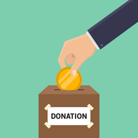 Donation concept, hands holding coins, putting money into donation box, green background, flat design vector illustrationのイラスト素材