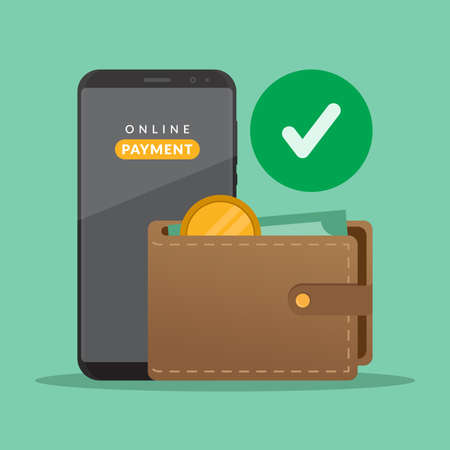 Payment concept, wallet, money and smartphone, transfer or payment online, flat design vector illustrationのイラスト素材