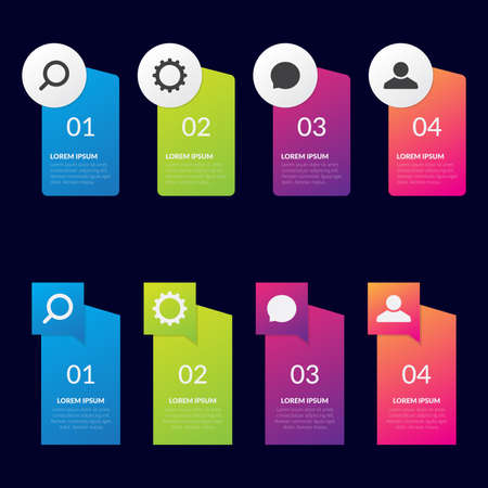 Vector infographic design template with 4 types or stages, vector icons, can be used for diagrams, information, banners, tips and activity reports, gradient color with 4 colorsのイラスト素材