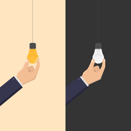 Creative business, turn on the lights, hand hold light bulb, light bulb on and off design vector illustrationのイラスト素材