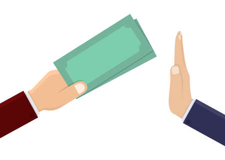 Stop corruption, business hand hold money and give money design vector illustration