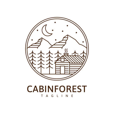 Cabin in the forest illustration monoline or line art style, cabin, tree, mountain, moon, forest vector designのイラスト素材