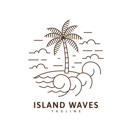 Island and wave illustration monoline or line art style, beach, sea, coconut trees, sky clouds, waves vector design illustrationのイラスト素材