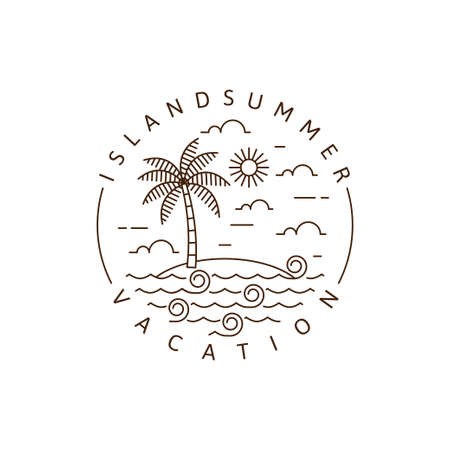 Island illustration monoline or line art style, beach, sea, coconut trees, sky clouds, sun vector design illustrationのイラスト素材