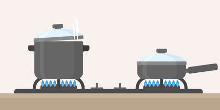 Kitchen stove and pan, frying pan flat design vector illustrationのイラスト素材