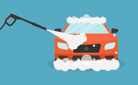 Car wash vector illustration on blue background, red car being washed with soapのイラスト素材