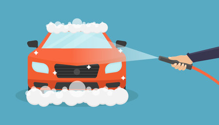 Car wash vector illustration on blue background, hand holding water spray and red car being washed with soapのイラスト素材