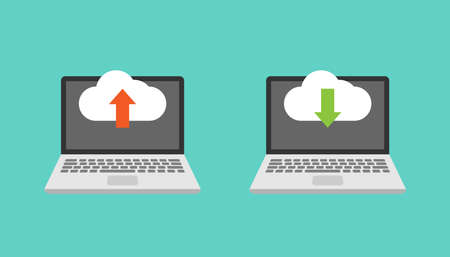 Laptop and upload download vector design, laptop and cloud upload and download iconのイラスト素材