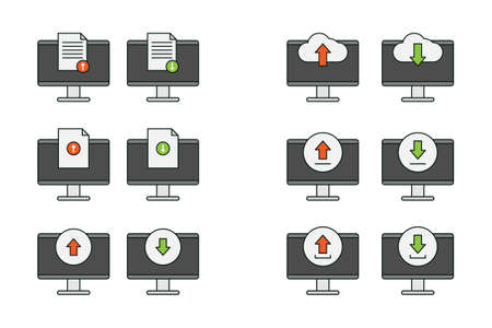 Computer, upload and download icon vector design, cloud, document, arrow upload and download vector icon setのイラスト素材