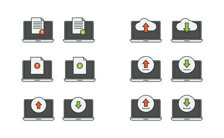 Laptop, upload and download icon vector design, cloud, document, arrow upload and download vector icon setのイラスト素材