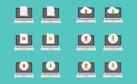Laptop, upload and download vector design, cloud, document, arrow upload and download vector setのイラスト素材