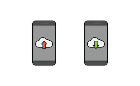 Smartphone and upload download icon vector design, smartphone and cloud upload download iconのイラスト素材