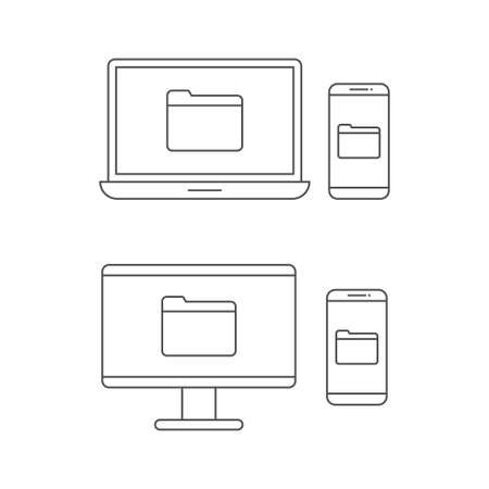 Computer, laptop, smartphone and folder icon line vector designのイラスト素材