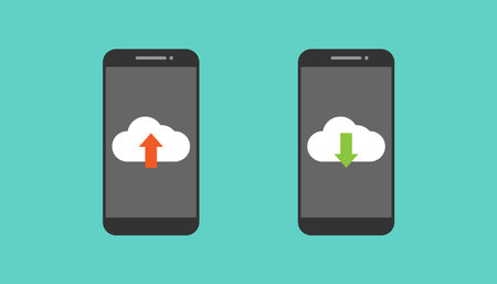 Smartphone and upload download vector design, laptop and cloud upload and download iconのイラスト素材