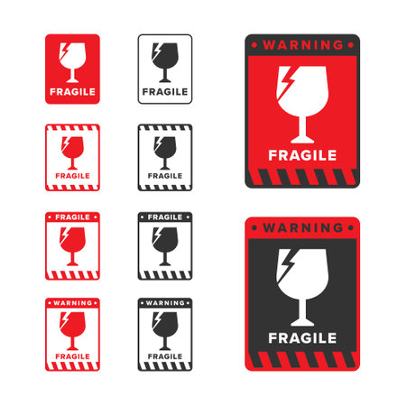 Fragile icon sign red color vector design, warning icon for shipping packagingのイラスト素材