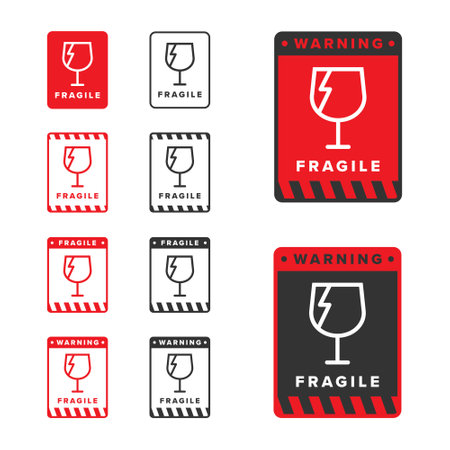 Fragile icon sign red color vector design, warning icon for shipping packagingのイラスト素材