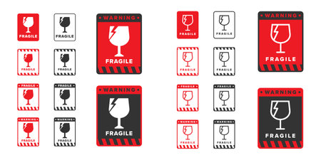 Fragile icon sign red color vector design, warning icon for shipping packagingのイラスト素材