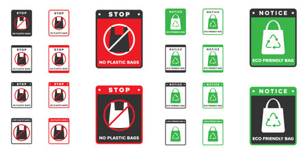 No plastic bag icon sign design vector, icon board appeals not to use plastic bags and Eco friendly bag icon sign vector design, icon board appeals to use eco friendly bagsのイラスト素材
