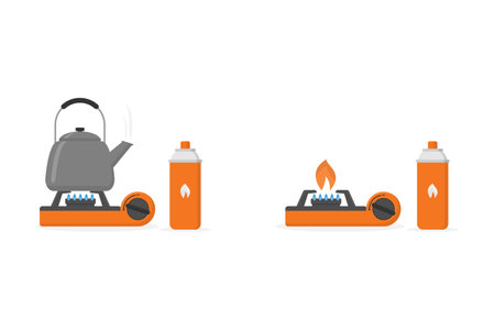 Portable gas stove, gas cylinder, and kettle vector illustrationのイラスト素材