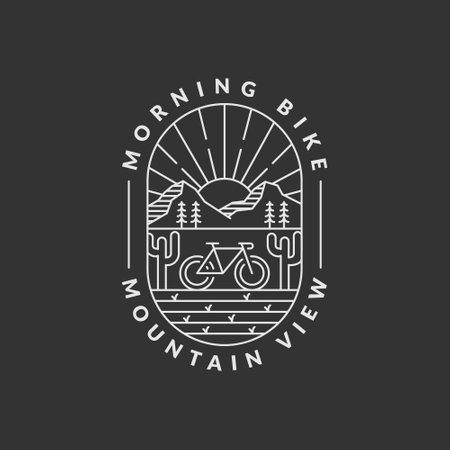 morning mountain biking badge vector illustration. mountain and bicycle monoline or line art style. design can be for t-shirts, sticker, printing needsのイラスト素材