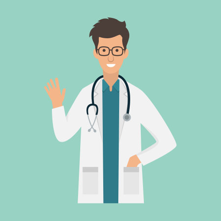 friendly young male doctor flat design vector illustrationのイラスト素材