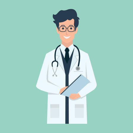 friendly young male doctor flat design vector illustrationのイラスト素材