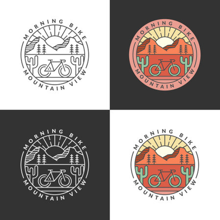 Set of mountain and bicycle monoline or line art style vector illustrationのイラスト素材
