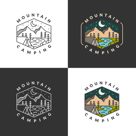 Mountain and night camp badge monoline or line art style vector illustrationのイラスト素材