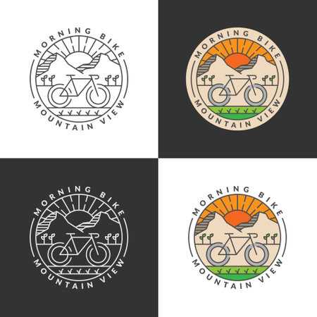 Set of mountain and bicycle monoline or line art style vector illustrationのイラスト素材