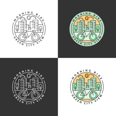 Set of morning city and bicycle monoline or line art style vector illustrationのイラスト素材