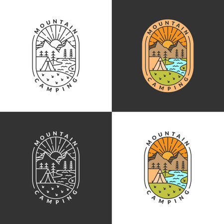 Mountain and morning camp badge monoline or line art style vector illustrationのイラスト素材