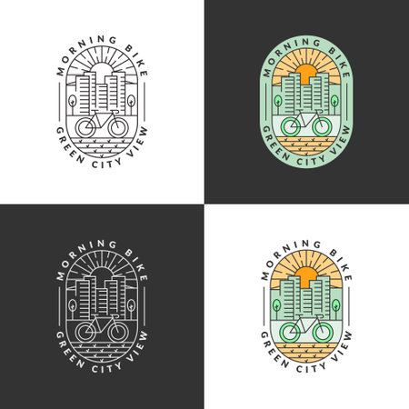 Set of morning city and bicycle monoline or line art style vector illustrationのイラスト素材